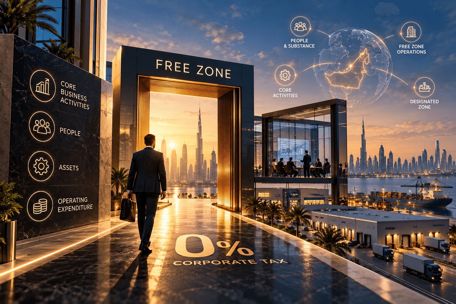 The image illustrates how UAE Free Zone businesses must demonstrate genuine economic substance to qualify for 0% Corporate Tax.