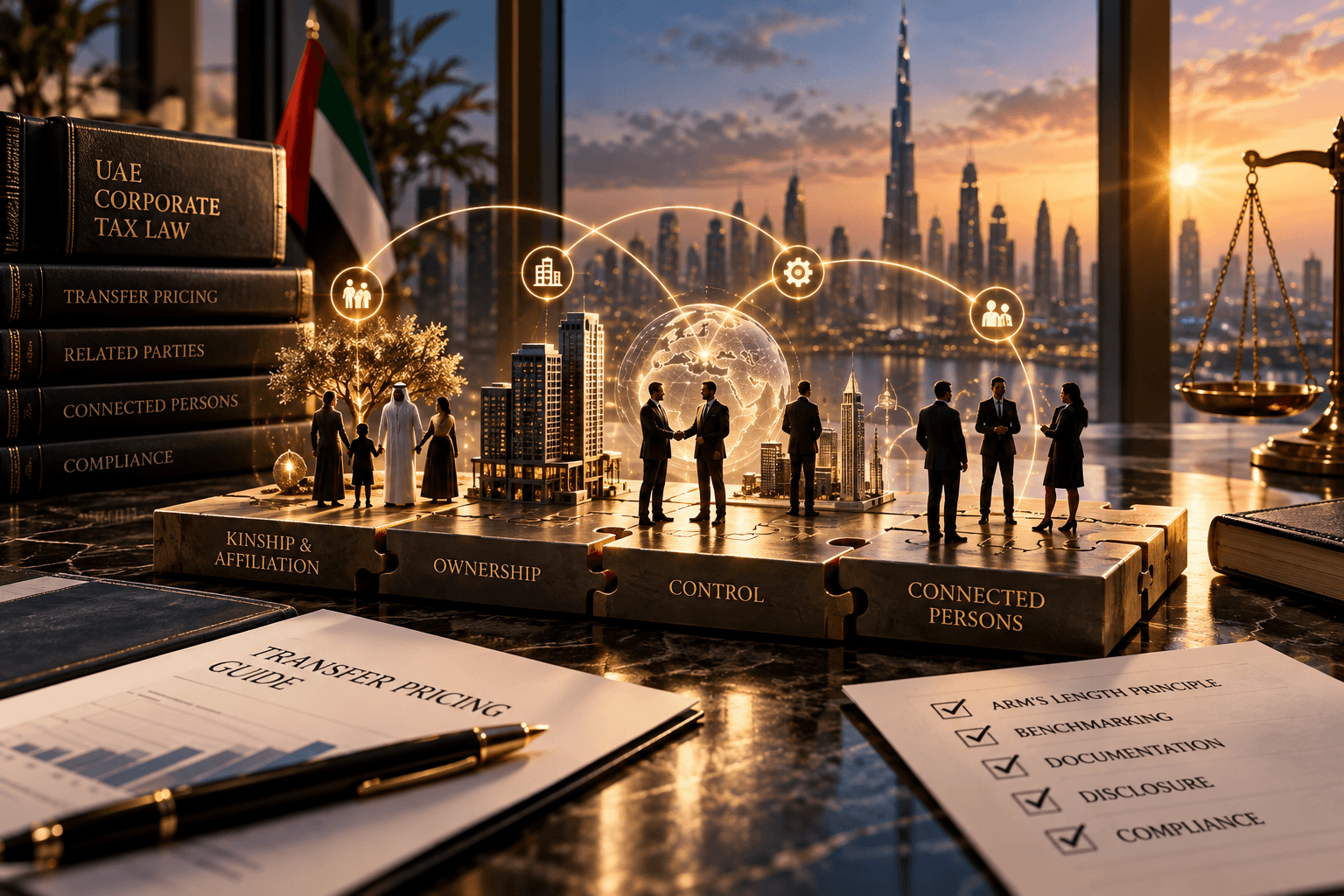 The image visualizes how Related Parties and Connected Persons are identified under UAE Transfer Pricing rules linking family relationships, ownership, control, and business connections.